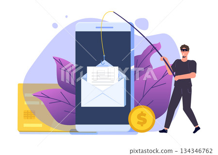 Data phishing, hacking online scam on computer laptop concept. Hacker attack and web security concept. Fishing by email, envelope and fishing hook. Cyber thief. Vector illustration. Data phishing, hacking online scam on computer laptop concept. Hacker attack and web security concept. Fishing by email, envelope and fishing hook. Cyber thief. Vector illustration. 134346762