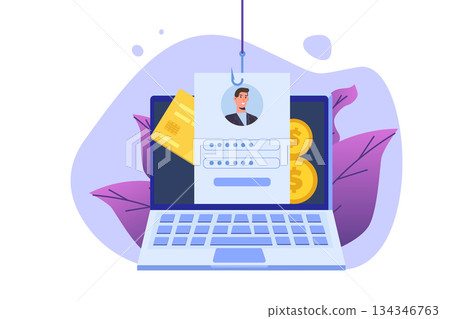 Data phishing, hacking online scam on computer laptop concept. Hacker attack and web security concept. Fishing by email, envelope and fishing hook. Cyber thief. Vector illustration. Data phishing, hacking online scam on computer laptop concept. Hacker attack and web security concept. Fishing by email, envelope and fishing hook. Cyber thief. Vector illustration. 134346763