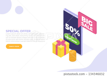 Smartphone shop event,  season sale, online shopping event. Flat Isometric  illustration. Can use for web banner, infographics. 134346832