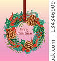 Christmas wreath vector illustration. Merry Christmas card with festive pine cone and holly wreath with green leaves and red berries on gradient background. Seasonal traditional winter decor design 134346909