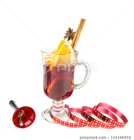 Traditional Mulled Wine with Spices and Festive Decorations on White Traditional Mulled Wine with Spices and Festive Decorations on White 134346958