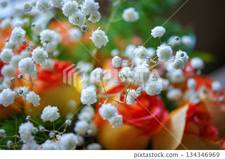 Yellow-Pink Roses Bouquet with Gypsophila paniculata Yellow-Pink Roses Bouquet with Gypsophila paniculata 134346969