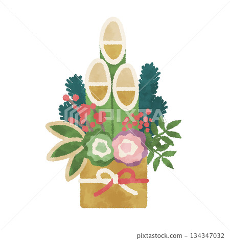 New Year's decoration: Laughing Kadomatsu, a bamboo cut that looks like it's smiling. Watercolor vector illustration New Year's decoration: Laughing Kadomatsu, a bamboo cut that looks like it's smiling. Watercolor vector illustration 134347032