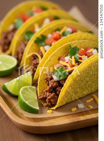Soft Beef Tacos with Lettuce Cheese and Lime 134347050
