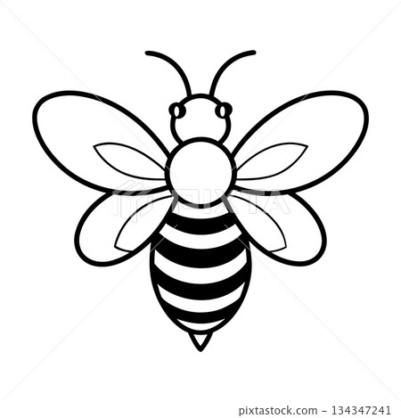 Black and white bee illustration with striped body and wings Black and white bee illustration with striped body and wings 134347241