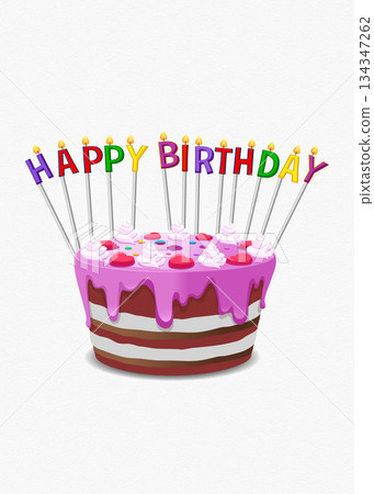 Happy Birthday Cake with Colorful Candles and Pink Frosting Decoration Happy Birthday Cake with Colorful Candles and Pink Frosting Decoration 134347262