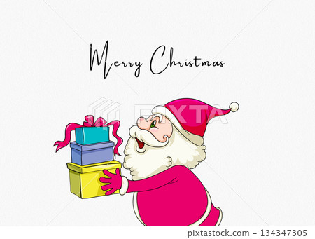 Merry Christmas Santa Claus Illustration Holding Stack of Presents and Greetings 134347305