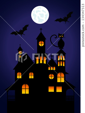 Spooky Haunted House Illustration for Halloween Night with Bats and Cat 134347313