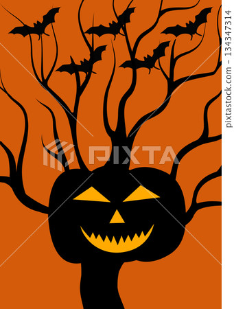 Halloween pumpkin tree with bats silhouettes in orange background illustration 134347314