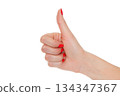 Approved! Thumbs up hand sign. Female hand with red fingernails. Isolated on white background 134347367