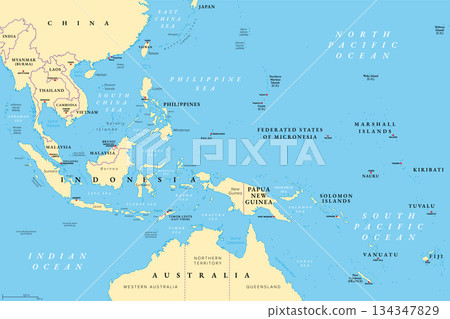 Southeast Asia, Melanesia, and Micronesia, political map. Countries south of China and east of India, with Micronesia and Melanesia, two subregions of Oceania, and northern part of Australasia. Vector Southeast Asia, Melanesia, and Micronesia, political map. Countries south of China and east of India, with Micronesia and Melanesia, two subregions of Oceania, and northern part of Australasia. Vector 134347829