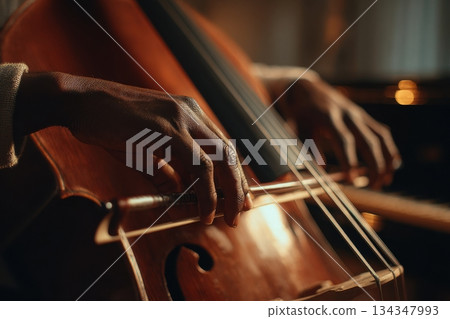 Black musician practicing on instrument in warm setting 134347993