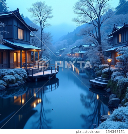 AI generated Calm snowy environment at night with glowing lanterns and cozy inn ambiance 134348151