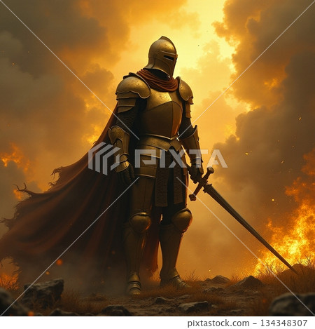 AI generated Robust armored combatant navigating through heated war zones at sunset AI generated Robust armored combatant navigating through heated war zones at sunset 134348307