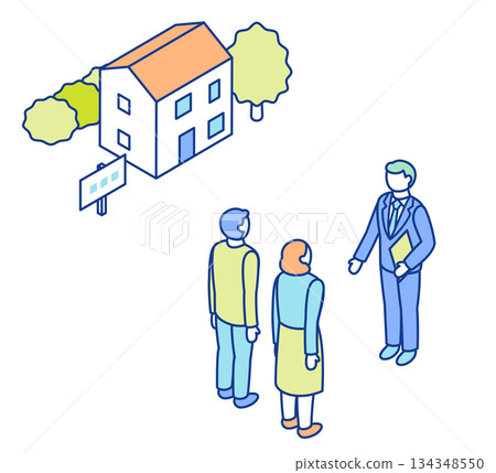 一幅等距插圖,描繪了一對男女正在考慮買房,一位房地產經紀人正在為他們服務。 一幅等距插圖,描繪了一對男女正在考慮買房,一位房地產經紀人正在為他們服務。 134348550