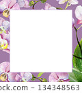 white frame on watercolor pink and purple orchid flowers background, buds and green leaves, hand drawn tropical plant, floral sketch of blossom flowers, botanical illustration for wedding decoration 134348563