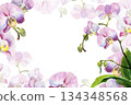 watercolor pink and purple orchid flowers, buds and green leaves, hand drawn tropical plant, floral sketch of blossom flowers, botanical illustration for wedding decoration 134348568