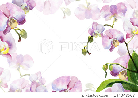 watercolor pink and purple orchid flowers, buds and green leaves, hand drawn tropical plant, floral sketch of blossom flowers, botanical illustration for wedding decoration 134348568