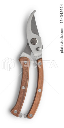 Vintage style stainless steel pruning shears with wooden handles 134348614