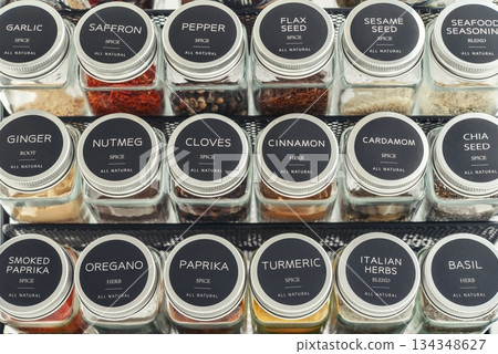 Assorted spices in glass jars with metal lids Assorted spices in glass jars with metal lids 134348627