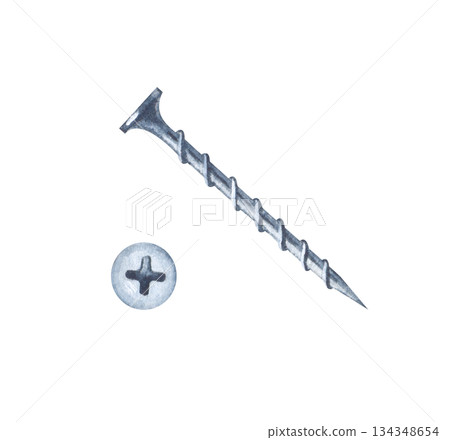 A long and sharp threaded screw, top and side view, on an isolated background. A clipart with an image of a working tool for home repairs and construction work A long and sharp threaded screw, top and side view, on an isolated background. A clipart with an image of a working tool for home repairs and construction work 134348654