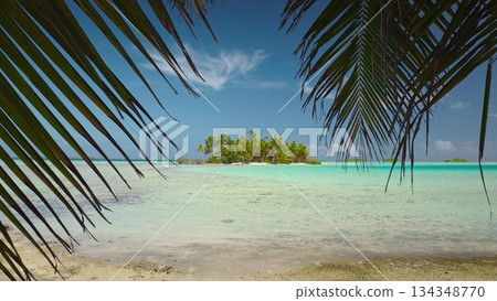 Maldives travel background. Crystal clear turquoise sea water gently laps shore of secluded wild tropical island paradise beach, framed by swaying palm tree leaves, creating a serene and idyllic scene Maldives travel background. Crystal clear turquoise sea water gently laps shore of secluded wild tropical island paradise beach, framed by swaying palm tree leaves, creating a serene and idyllic scene 134348770