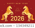 Chinese New Year 2026 illustration. Two horses on red background, symbol of the year. Lunar new year of the horse. Design for background, card, calendar, sticker 134349211