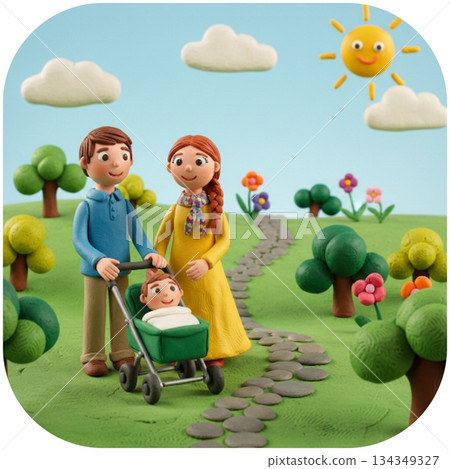 一對年輕夫婦帶著嬰兒在公園散步 134349327