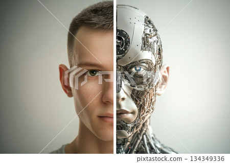 Split screen of mans face and robot concept, showcasing future technology Split screen of mans face and robot concept, showcasing future technology 134349336