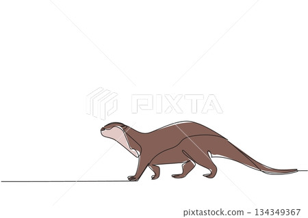 Single continuous line drawing otter is walking. Taking a leisurely stroll to find water to soak in. Adorable behavior during the summer. Wildlife. World Otter Day. One line design vector illustration 134349367