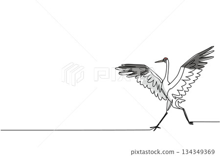 Single one line drawing whooping crane running with wings spread. Attacking posture to defend against predators. Defending the territory Whooping Crane Day. Continuous line design graphic illustration 134349369