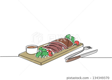 Single one line drawing brisket cut into pieces, broccoli, some tomatoes, small bowl of sauce and knife and fork. Luxurious pleasure. National Brisket Day. Continuous line design graphic illustration 134349370