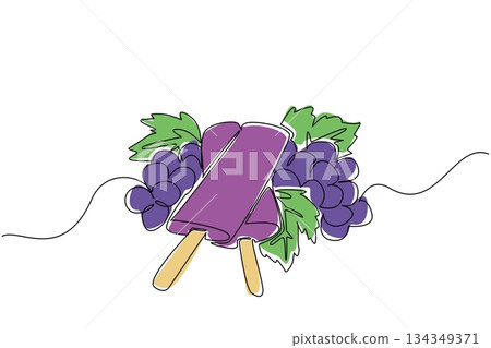 Continuous one line drawing 2 stacked grape popsicles and grapes with leaves. Enjoy the sweet and sour taste of grapes in popsicle. Grape Popsicle Day. Single line draw design vector illustration 134349371