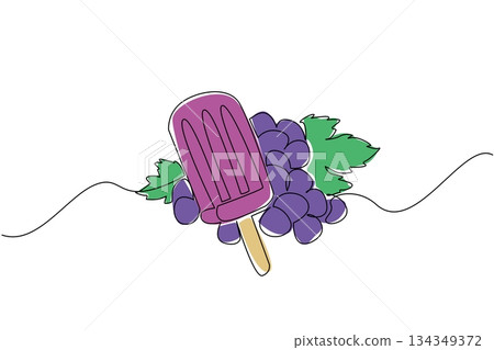 Single one line drawing grape popsicles with grapes on the back. The main ingredients for making refreshing popsicles in summer. Cold. Grape Popsicle Day. Continuous line design graphic illustration Single one line drawing grape popsicles with grapes on the back. The main ingredients for making refreshing popsicles in summer. Cold. Grape Popsicle Day. Continuous line design graphic illustration 134349372