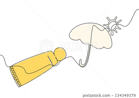 Continuous one line drawing open sunscreen tube with contents forming an umbrella and sun. Symbol. Protects from the hot sun. Block. National Sunscreen Day. Single line draw design vector illustration 134349379