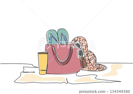 Single one line drawing tube of sunscreen, sunglasses, bag, woven hat and flip flops on the mat. Play equipment in summer. Protect. National Sunscreen Day. Continuous line design graphic illustration Single one line drawing tube of sunscreen, sunglasses, bag, woven hat and flip flops on the mat. Play equipment in summer. Protect. National Sunscreen Day. Continuous line design graphic illustration 134349380