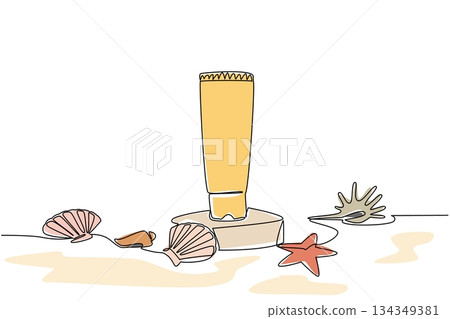 Single one line drawing tube of sunscreen on small podium and arrangement of shells and starfish. Playing comfortably on the beach. National Sunscreen Day. Continuous line design graphic illustration 134349381