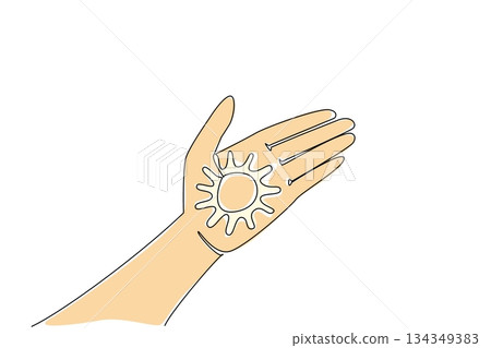 Single continuous line drawing sun shaped cream on the palm. Lotion that protects the skin. Best friends when summer comes. Care. Vacation. National Sunscreen Day. One line design vector illustration Single continuous line drawing sun shaped cream on the palm. Lotion that protects the skin. Best friends when summer comes. Care. Vacation. National Sunscreen Day. One line design vector illustration 134349383