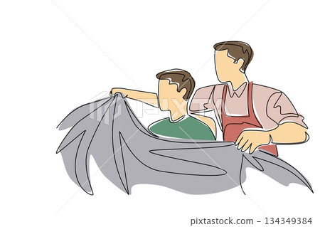 Continuous one line drawing a barber holds cloth and puts it on man sits on chair. Hair styling. Salon. National Hairstylist Mental Health Awareness Day. Single line draw design vector illustration Continuous one line drawing a barber holds cloth and puts it on man sits on chair. Hair styling. Salon. National Hairstylist Mental Health Awareness Day. Single line draw design vector illustration 134349384