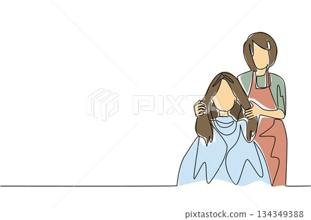 Single continuous line drawing a barber stands holds the hair of woman wearing body covering. Following the trend. National Hairstylist Mental Health Awareness Day. One line design vector illustration Single continuous line drawing a barber stands holds the hair of woman wearing body covering. Following the trend. National Hairstylist Mental Health Awareness Day. One line design vector illustration 134349388
