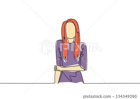 Single one line drawing woman with red hair. Dying the hair to follow a trend that is currently viral. Admire the own beauty. Fashion. World Redhead Day. Continuous line design graphic illustration 134349390