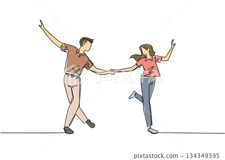 Single continuous line drawing man and woman in retro vintage clothes dancing lindy hop while holding hands. Exercise to stay fit. Excited. World Lindy Hop Day. One line design vector illustration 134349395