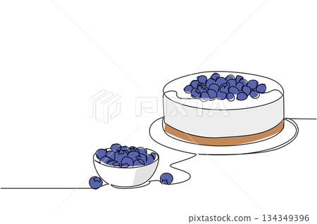 Single continuous line drawing round cheese cake with blueberry topping and small bowl filled with blueberries. Very tasty. National Blueberry Cheesecake Day. One line design vector illustration Single continuous line drawing round cheese cake with blueberry topping and small bowl filled with blueberries. Very tasty. National Blueberry Cheesecake Day. One line design vector illustration 134349396