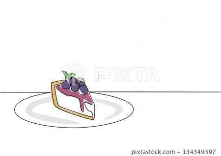 Single one line drawing slice of cheese cake with topping and blueberry jam on a small plate. Display menu for customers. National Blueberry Cheesecake Day. Continuous line design graphic illustration Single one line drawing slice of cheese cake with topping and blueberry jam on a small plate. Display menu for customers. National Blueberry Cheesecake Day. Continuous line design graphic illustration 134349397