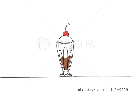 Continuous one line drawing vanilla sundae ice cream with cherry topping. Guaranteed freshness when summer arrives. Delicious. National Cherry Dessert Day. Single line draw design vector illustration Continuous one line drawing vanilla sundae ice cream with cherry topping. Guaranteed freshness when summer arrives. Delicious. National Cherry Dessert Day. Single line draw design vector illustration 134349399