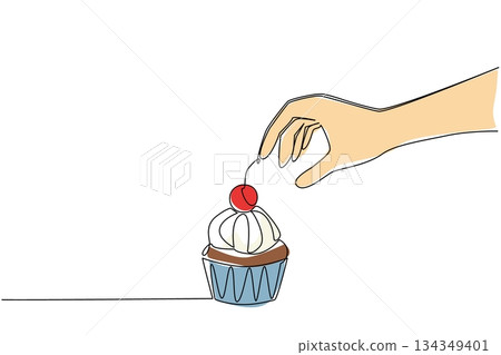Single continuous line drawing hand taking muffin or cupcake with cherry topping on stem. Taking a cup of pleasure. Legit in the mouth. National Cherry Dessert Day. One line design vector illustration Single continuous line drawing hand taking muffin or cupcake with cherry topping on stem. Taking a cup of pleasure. Legit in the mouth. National Cherry Dessert Day. One line design vector illustration 134349401