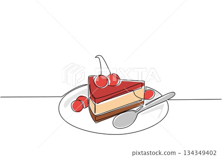 Continuous one line drawing cheese cake slices topped with cherries on a small plate. Share the taste of pleasure. Delicious. National Cherry Dessert Day. Single line draw design vector illustration Continuous one line drawing cheese cake slices topped with cherries on a small plate. Share the taste of pleasure. Delicious. National Cherry Dessert Day. Single line draw design vector illustration 134349402