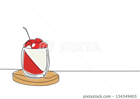Single continuous line drawing panna cotta in a clear glass with cherry topping, on a wooden cutting board. The freshness in summer. National Cherry Dessert Day. One line design vector illustration 134349403