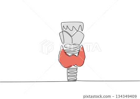 Single continuous line drawing neck mockup containing the thyroid gland. A hormone gland with a butterfly like shape. Located at front of neck. World Thyroid Day. One line design vector illustration 134349409