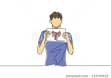 Continuous one line drawing a man in casual clothes holds a paper with a mockup of a thyroid gland with both hands. Therapy. Sickness. World Thyroid Day. Single line draw design vector illustration 134349410